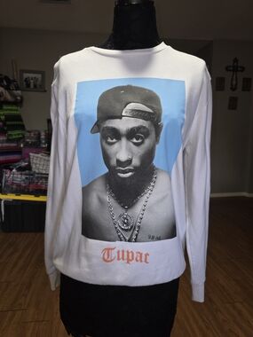 Bravado White Tupac Crewneck Sweater with Blue Photo Panel